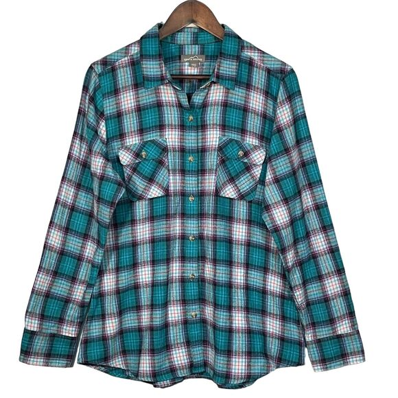 Eddie Bauer Button-Up Shirt Women‎ Size XL Green Plaid Pockets Curved Hem - Picture 1 of 12